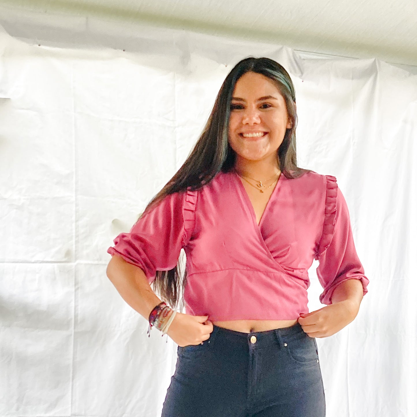 Blusa manga 3/4 con resorte en el puño, boleros en la siza y amarrado, 100% Colombiano. Color rosa