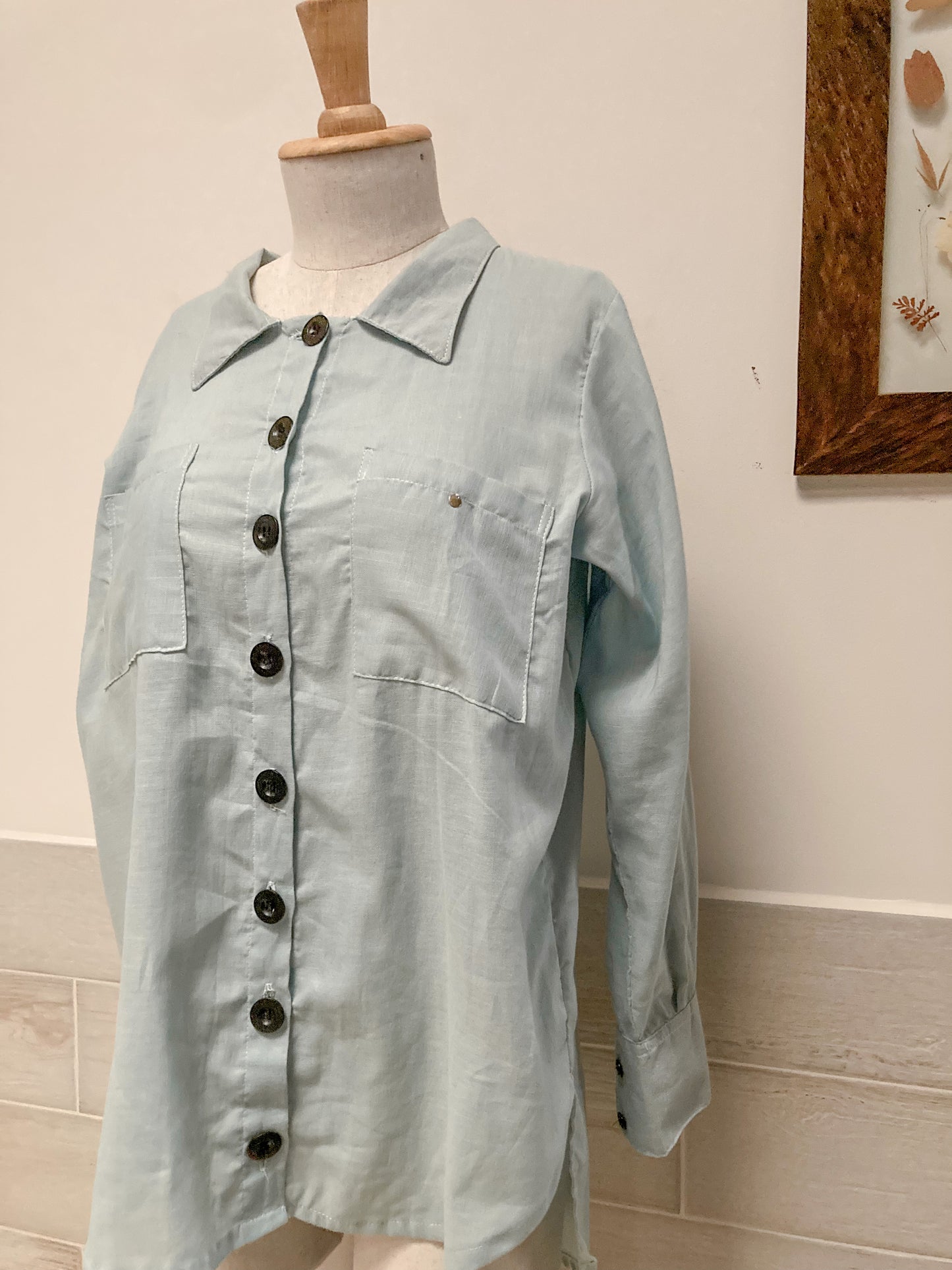 Camisa para mujer oversize en lino algodón; 100% Colombianos. Verde agua